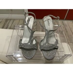 Van Eli Silver Glitter Kitten Heel Strappy T-Strap Dress Sandals Womens 8.5M